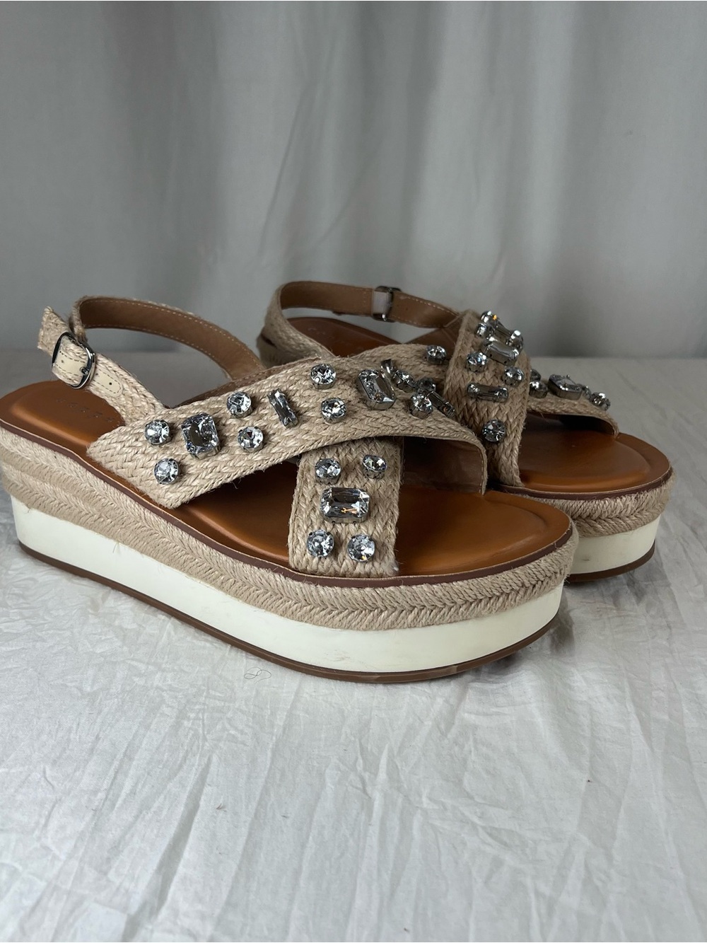 Copper Key Woven Strap Natural Beige Jeweled Platform Espadrille Sandals sz9.5
